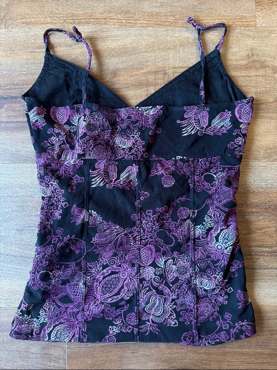 Mexx Black & Purple Floral Lace Trim Cami Top Ruched V-Neck Y2K Sheer Mesh Tank - Picture 12 of 12
